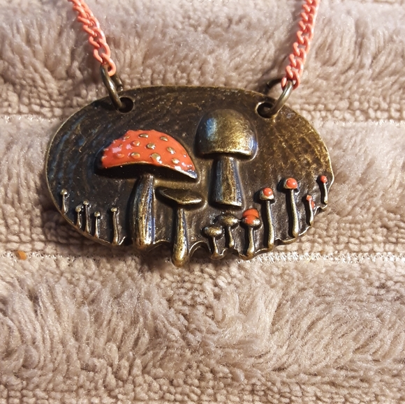 Handmade Cottage Core Mushroom Necklace Bronze With Matching Orange Chain - Picture 2 of 2